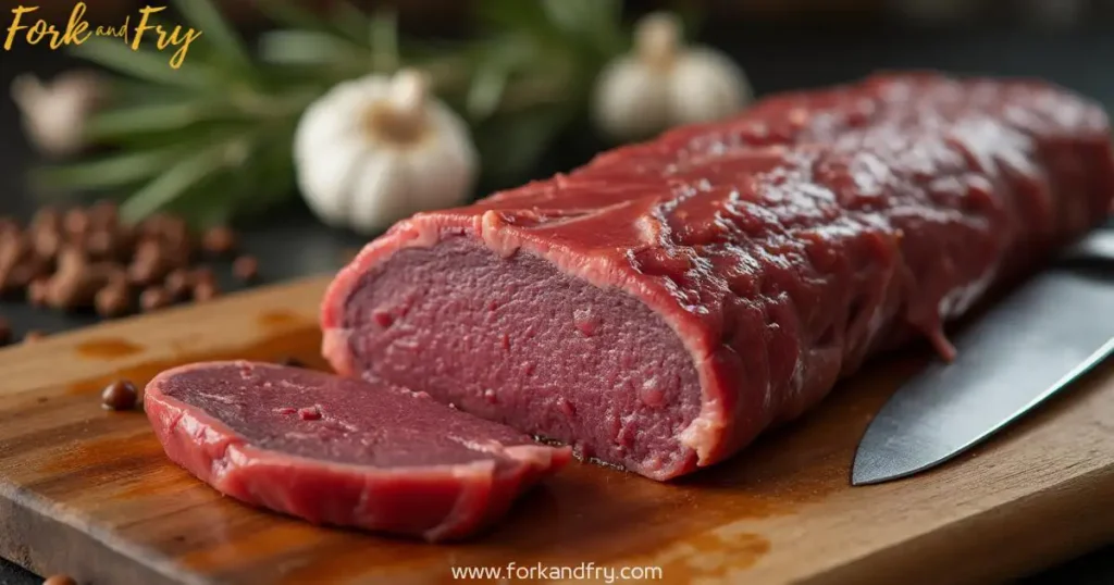 Close-up of a venison loin being prepared on a wooden cutting board, with rosemary, garlic, and peppercorns arranged in the background.