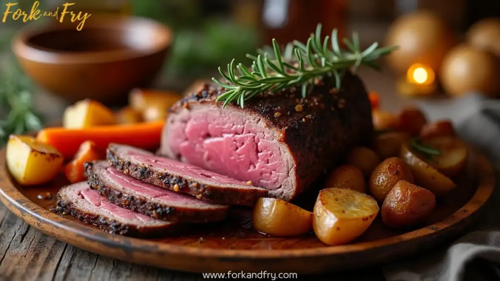 Tender and juicy venison roast on a rustic wooden table, garnished with fresh rosemary and thyme, surrounded by roasted vegetables and a bowl of gravy, creating a cozy home-cooked feel