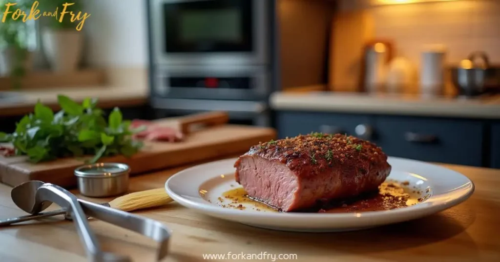 Mastering Venison Roast Oven Techniques – Step by Step A well-seasoned venison roast resting on a cutting board with pan juices, surrounded by a meat thermometer, tongs, and a basting brush, with a warm-lit oven in the background.