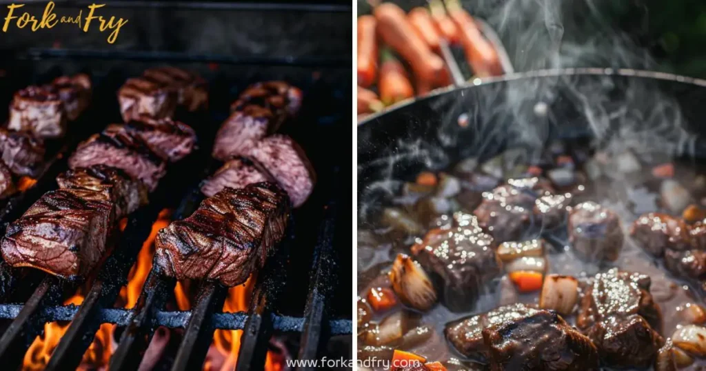 Venison Tenderloin Recipe – Grilling and Slow-Cooking Techniques for Perfection A step-by-step visual guide showing the grilling and slow-cooking process for venison tenderloin, with images of a preheated grill, sizzling venison, and a fork-tender venison served with vegetables and broth.