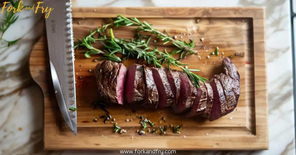 Venison Tenderloin Recipe – Perfectly Sliced with Rosemary and Thyme Venison tenderloin sliced to reveal a juicy, pink interior, garnished with fresh rosemary and thyme, set against a sleek, contemporary kitchen backdrop