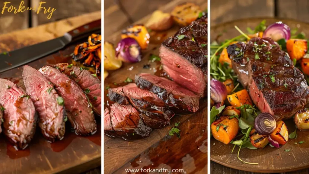 A vibrant photomontage illustrating the process of slicing and serving a perfectly cooked venison tenderloin, including resting, slicing, plating, and serving with roasted root vegetables and salad.