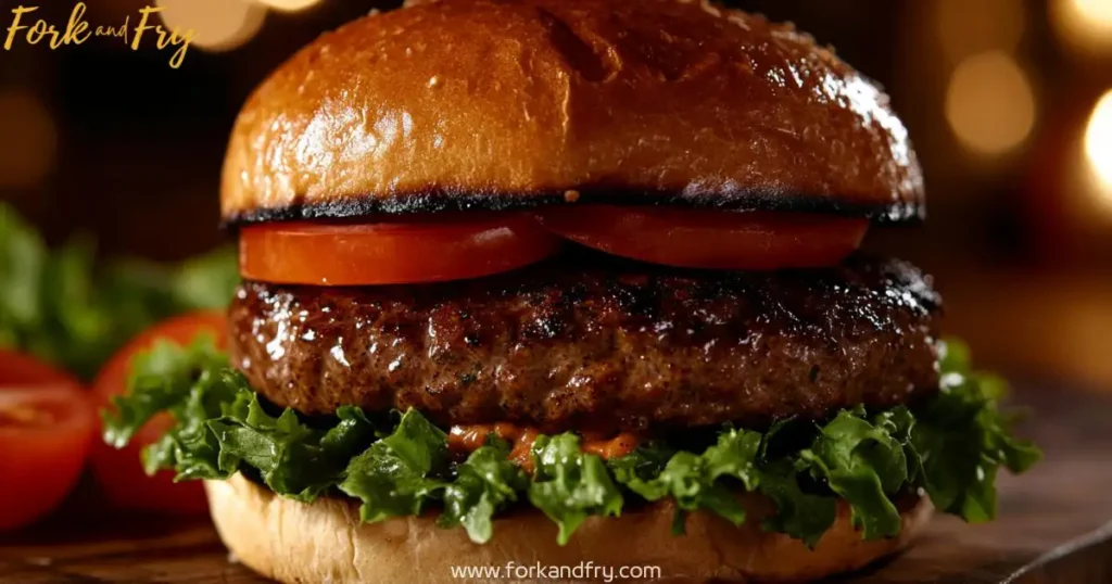 A gourmet deer burger patty sizzling on a plate, glistening with savory juices, framed by crisp lettuce, juicy tomato slices, and a soft brioche bun under warm golden lighting.