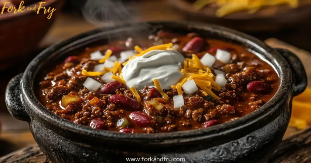 A hearty venison chili simmering in a rustic cast-iron pot with tender venison, kidney beans, and aromatic spices, garnished with sour cream, onions, and cheddar cheese under warm lighting.
