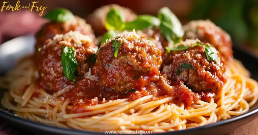 A plate of venison meatballs, perfectly seared and coated in rich tomato sauce, served on whole wheat spaghetti with fresh basil and parmesan under warm, inviting lighting