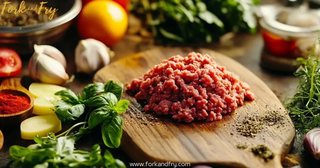A ceramic table arranged with fresh herbs, spices, and sliced vegetables surrounding a cutting board piled with ground deer meat, ready to be seasoned under warm natural lighting