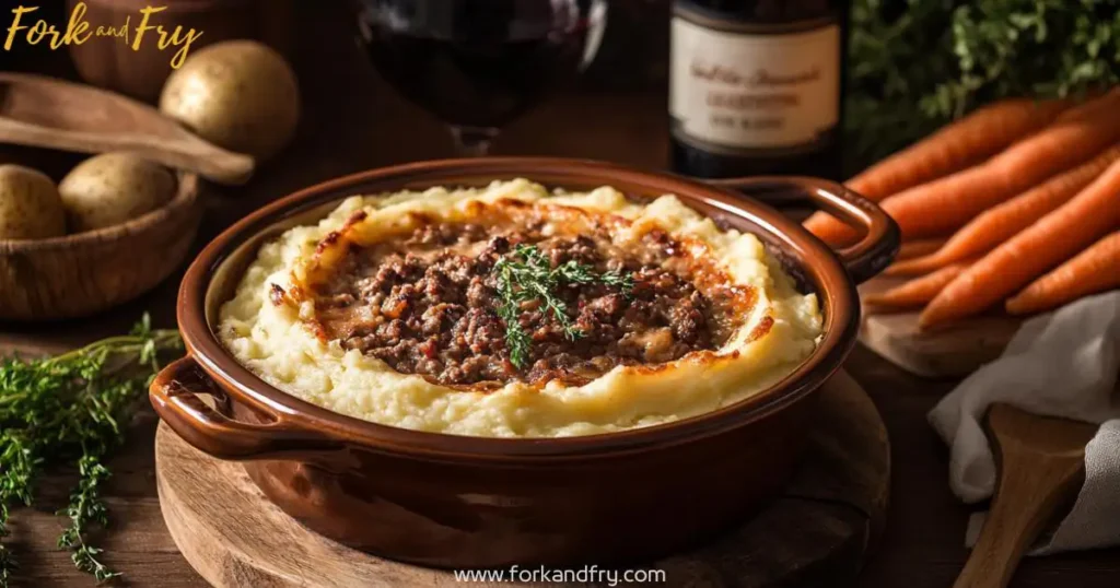 A rustic kitchen scene featuring a golden, crispy venison shepherd's pie in a ceramic dish, with ground deer meat, bacon, carrots, and herbs, surrounded by fresh ingredients under warm, earthy lighting.