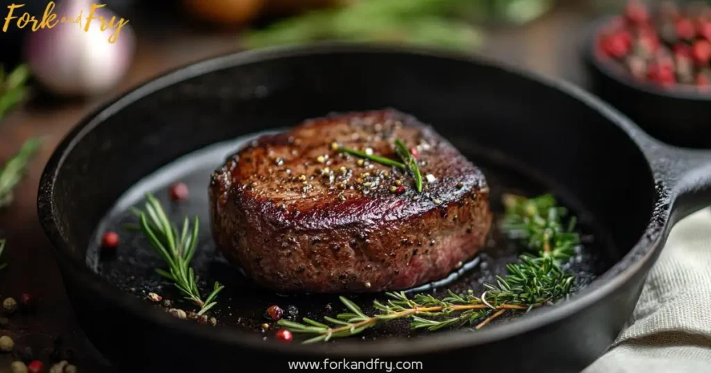 A succulent venison steak sizzling on a cast-iron skillet with aromatic herbs and spices, highlighted by soft lighting that emphasizes the rich texture and deep burgundy hue of ground deer meat.