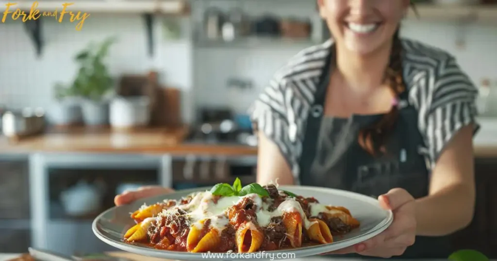 Smiling Woman Presenting Beef-Stuffed Shells in a Modern Kitchen A cheerful woman in a modern kitchen proudly holding a plate of beef-stuffed pasta shells, topped with marinara sauce, melted mozzarella, and fresh basil, with kitchen utensils nearby