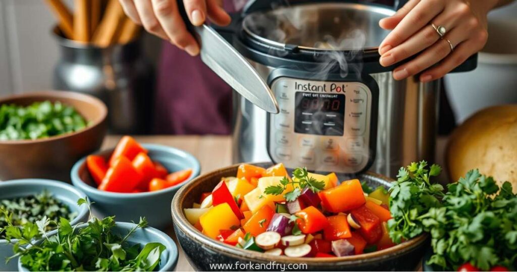 Fork And Fry - Close-up of vibrant, colorful vegetables being chopped and added to an Instant Pot, with a woman's hands in the frame Fork-And-Fry-Close-up-of-vibrant-colorful-vegetables-being-chopped-and-added-to-an-Instant-Pot-with-a-womans-hands-in-the-frame