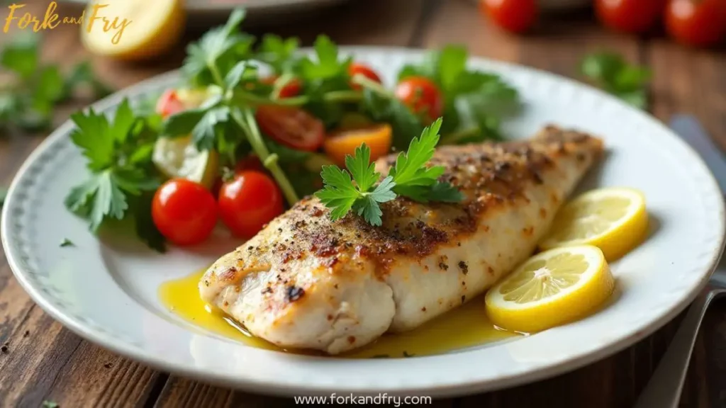 A freshly baked grouper fillet garnished with lemon slices and herbs, served on a white plate.