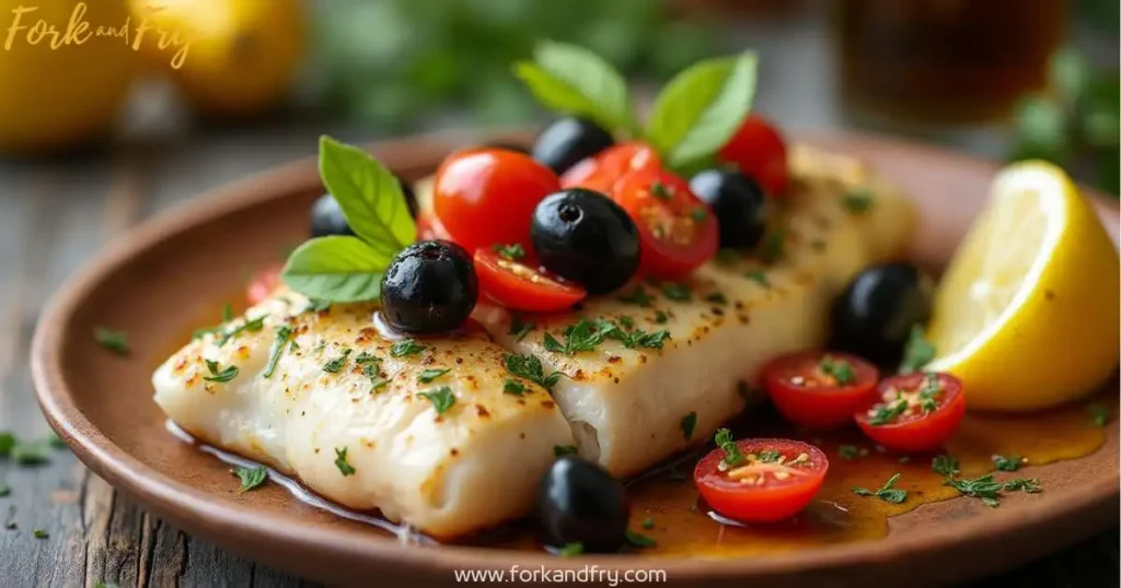 Golden and tender baked grouper fillet served on a rustic brown plate, garnished with cherry tomatoes, black olives, fresh herbs, and a lemon wedge.