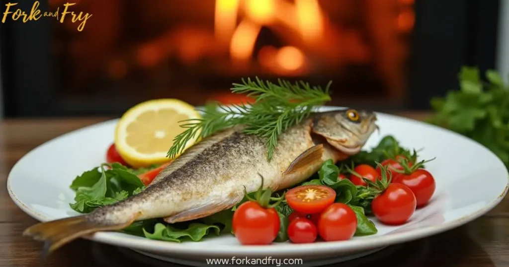 Whole baked grouper served on a white plate with fresh lettuce, cherry tomatoes, rosemary, and a lemon slice, set against a warm fire-lit background