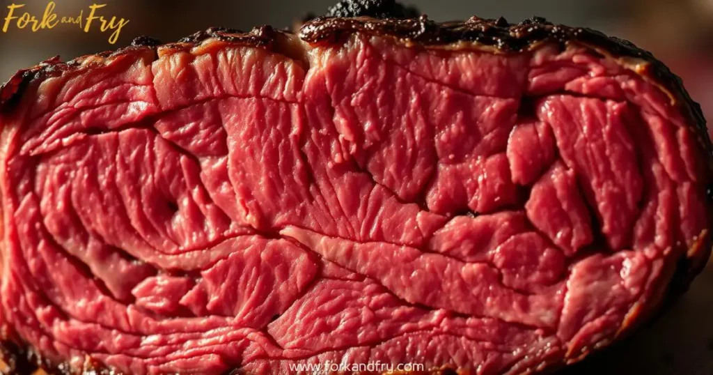 Close-up cross-section of a thick, juicy beef flap steak with rich marbling and tender fat, showcasing its deep red color and textured grain.