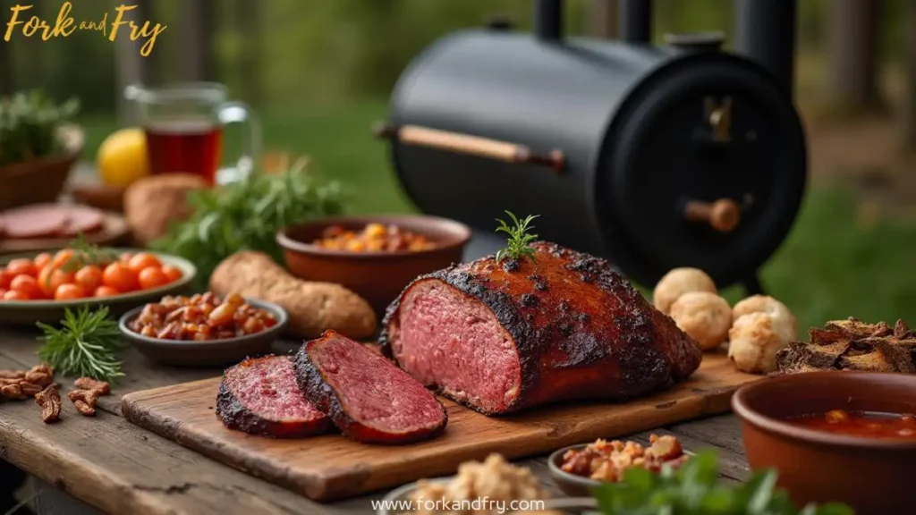Tender smoked deer meat slices served on a rustic wooden board with fresh herbs.