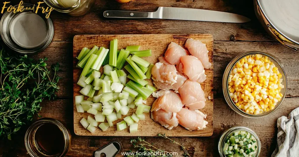 Top-down view of fresh ingredients for a classic chicken dressing, including chopped vegetables, herbs, cornbread, and broth, arranged on a rustic wooden table.