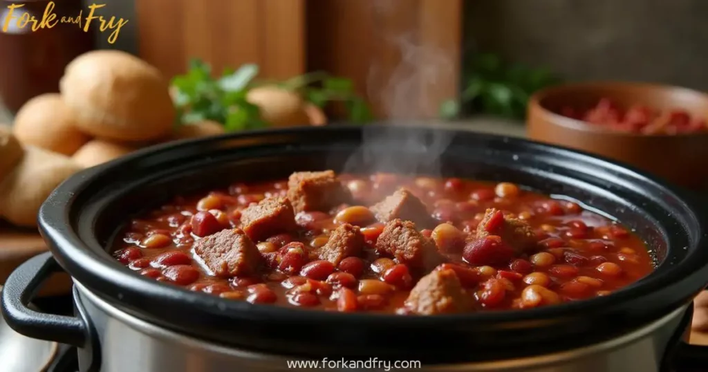 A modern slow cooker filled with hearty deer meat chili in a rustic kitchen setting, with a steaming bowl of chili, fresh herbs, and wooden cutting boards in the background.
