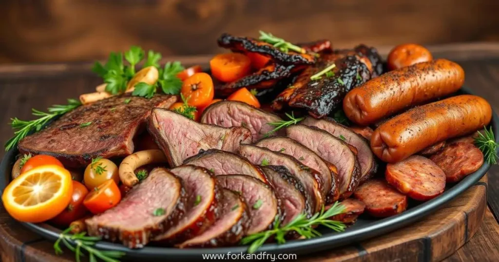 Tender smoked deer meat slices with a rich, smoky crust, served on a wooden board with fresh herbs.