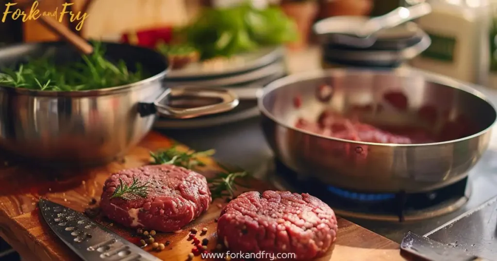 Essential Tools for Preparing Homemade Venison Burger Patties – Rustic, High-Quality Kitchen Setup High-angle shot of essential tools for preparing homemade venison burger patties, including a chef's knife, meat grinder, mixing bowl with ground venison, and a cast-iron skillet