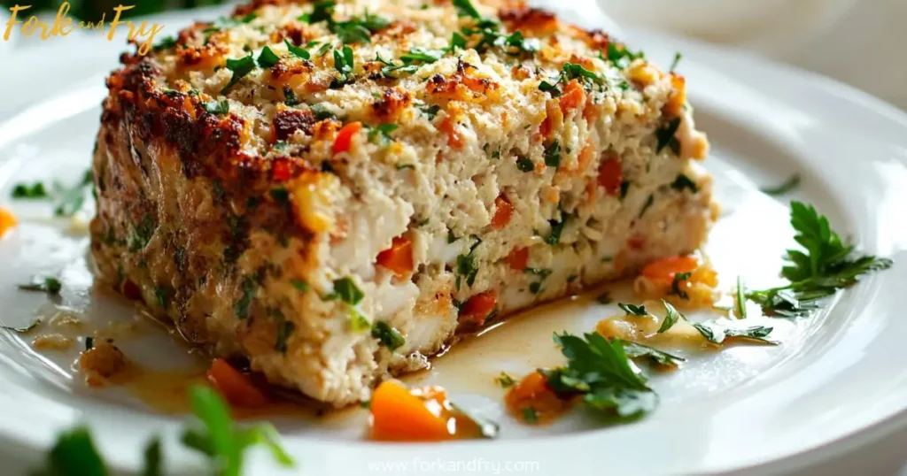 Golden-brown fish loaf with a crispy breadcrumb crust, delicately layered with white fish fillets and vibrant vegetables, drizzled with a light tangy sauce on an elegant white plate.