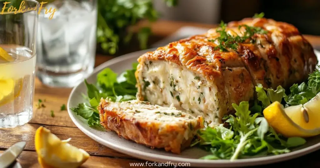 Delicious golden-brown fish loaf with a crispy crust, sliced open to reveal a flaky, moist interior, served with fresh salad and lemon wedges on a rustic wooden table.