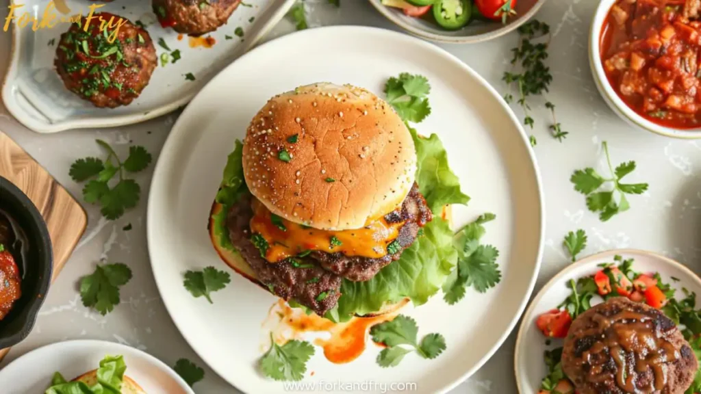 Overhead shot of assorted venison hamburger meat dishes, including a venison burger, meatballs, tacos, stuffed peppers, and chili, arranged on a modern kitchen countertop