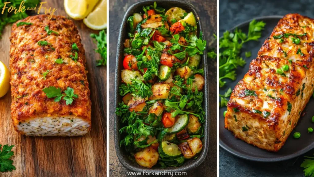 A photomontage of various fish loaf dishes, each separated by a clean white line, showcasing golden-brown crusts, fresh herbs, lemon wedges, salads, and sautéed vegetables.