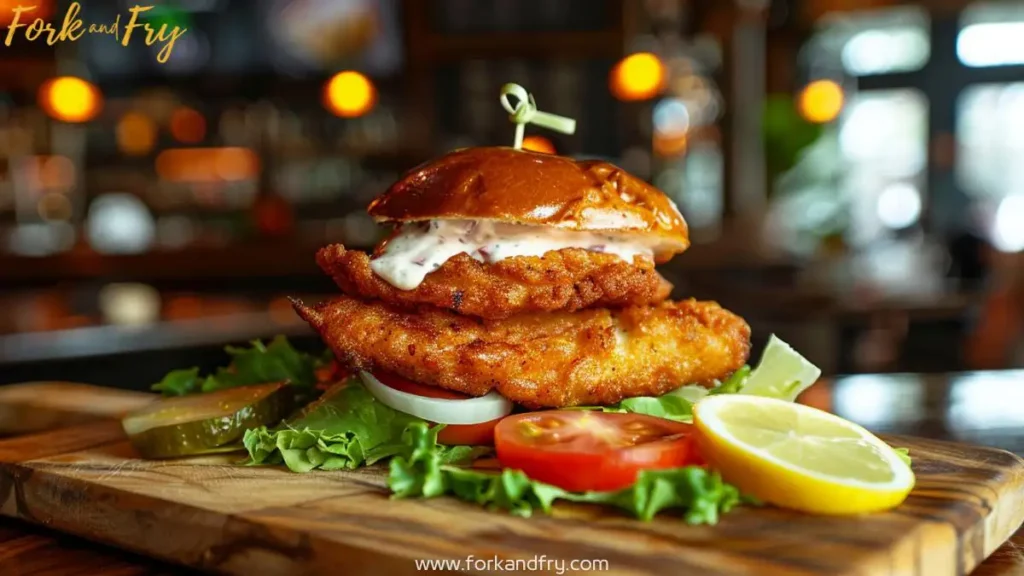 A beautifully plated grouper sandwich on a rustic wooden board, topped with lettuce, tomato, and creamy sauce in a toasted brioche bun.