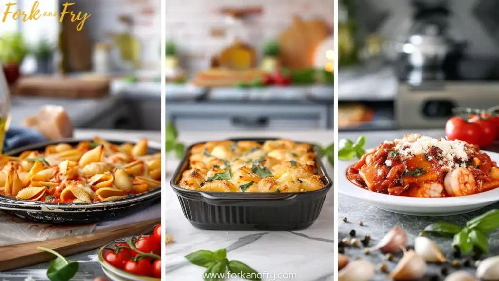 Vibrant photo collage of various large seashell pasta recipes, including stuffed conchiglioni, seafood pasta bake, and marinara casserole, arranged on a marble countertop
