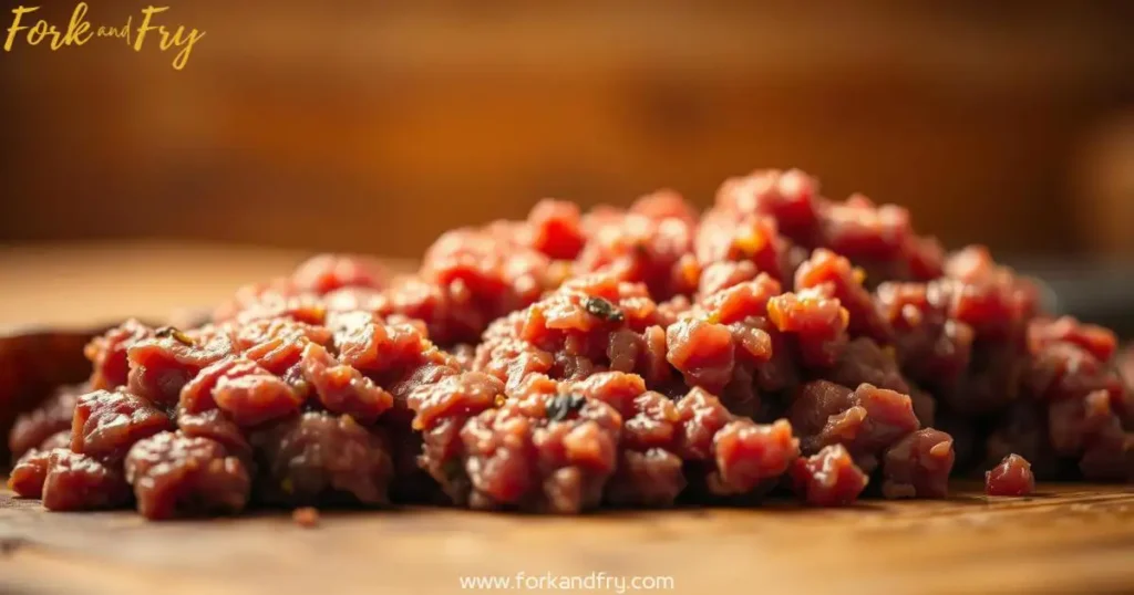 Close-up of Freshly Ground Venison Hamburger Meat – Rich, Coarse Texture for Tasty Recipes Close-up of freshly ground venison hamburger meat, showcasing its rich, reddish-brown hue and coarse texture, with soft, diffused lighting creating depth