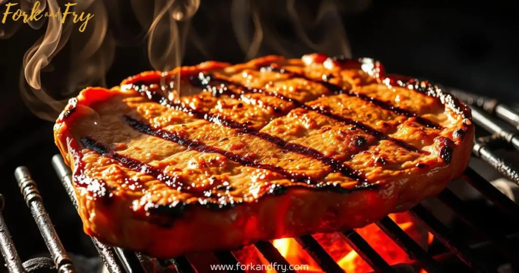Juicy, flame-kissed beef flap steak sizzling on a charcoal grill, with crispy edges, bold grill marks, and wisps of fragrant smoke rising.