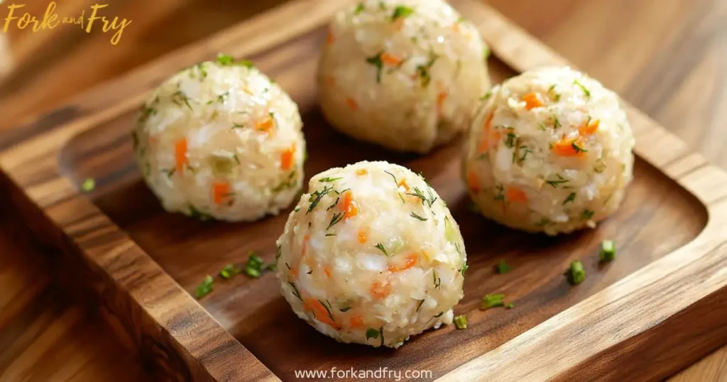 Handmade Jewish Gefilte Fish balls on a rustic wooden board with soft warm lighting