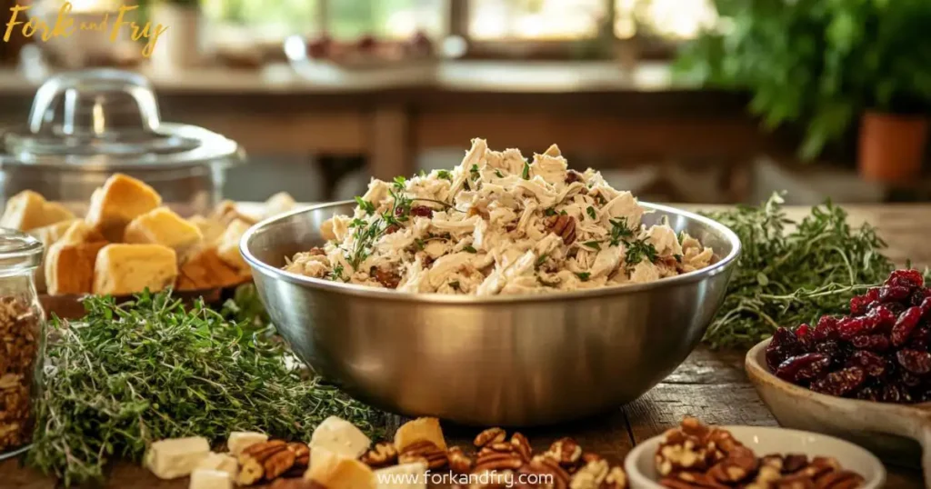 Rustic wooden table with fresh herbs, toasted pecans, crumbled feta, and cubed bread for a unique homemade chicken dressing recipe.