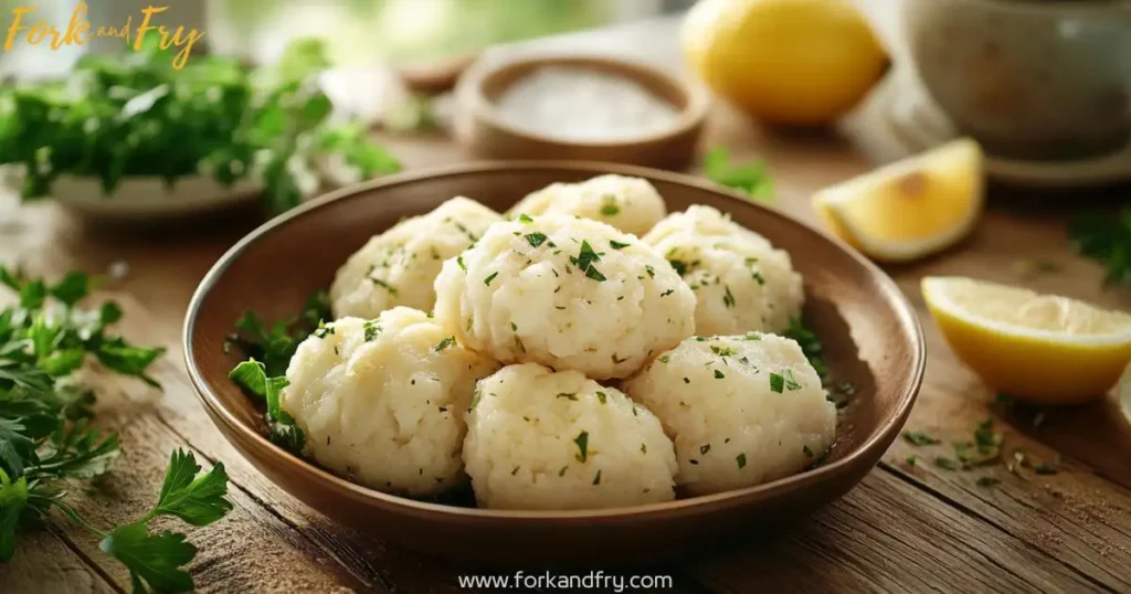 Easy Homemade Gefilte Fish Recipe – Traditional Jewish Dish Homemade gefilte fish on a rustic wooden table with parsley and lemon wedges, traditional Jewish dish in warm natural lighting