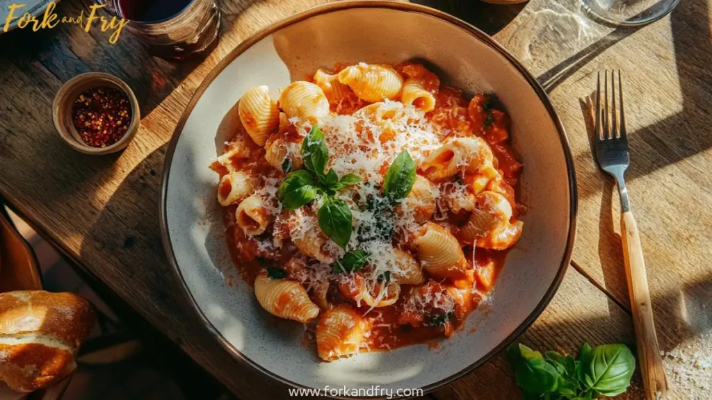 Overhead view of jumbo pasta shells in tomato-cream sauce with fresh basil and Parmesan on a rustic dining table