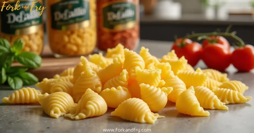 Close-up of large seashell pasta (conchiglioni) showcasing its fluted edges and hollow interior, with both uncooked and freshly boiled shells on a modern kitchen countertop
