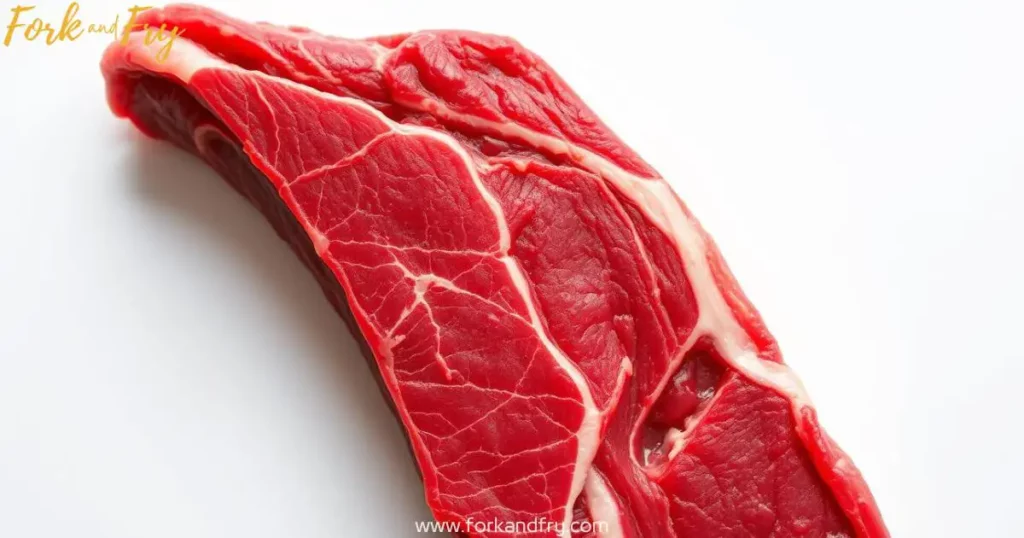 Close-up photograph of raw beef flap meat (flank skirt or bavette) with a deep red color, visible marbling, and fibrous texture under natural lighting.