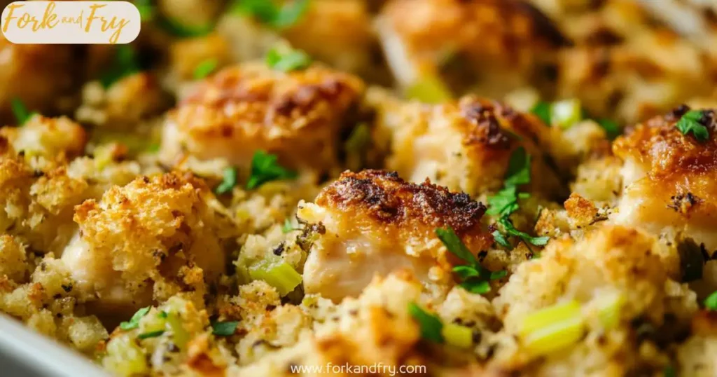 Succulent roasted chicken resting on a bed of golden-brown stuffing, seasoned with herbs, celery, and onions, illuminated by warm lighting.