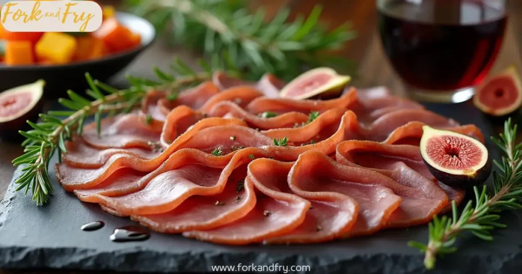 Slow-smoked deer meat slices with a rich, smoky crust, served on a rustic wooden platter.