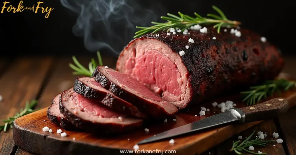 Perfectly Smoked Deer Roast with Rosemary and Sea Salt A beautifully smoked deer roast with a dark brown crust, sliced into thick pieces on a rustic wooden platter, garnished with fresh rosemary and coarse sea salt, with wisps of smoke rising.