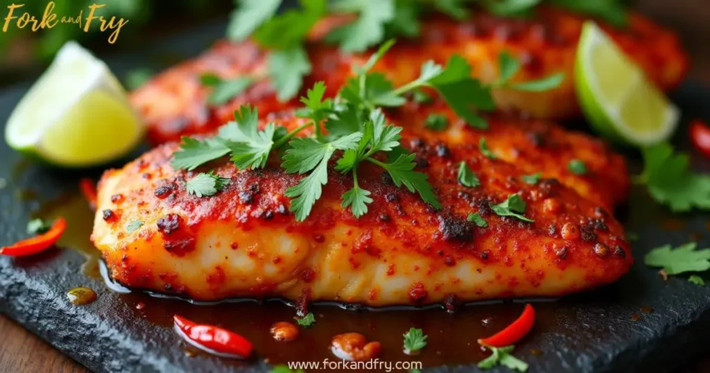 Spicy baked grouper fillet with a red spice crust, served on a dark slate plate, garnished with fresh cilantro, lime wedges, and red chili slices.