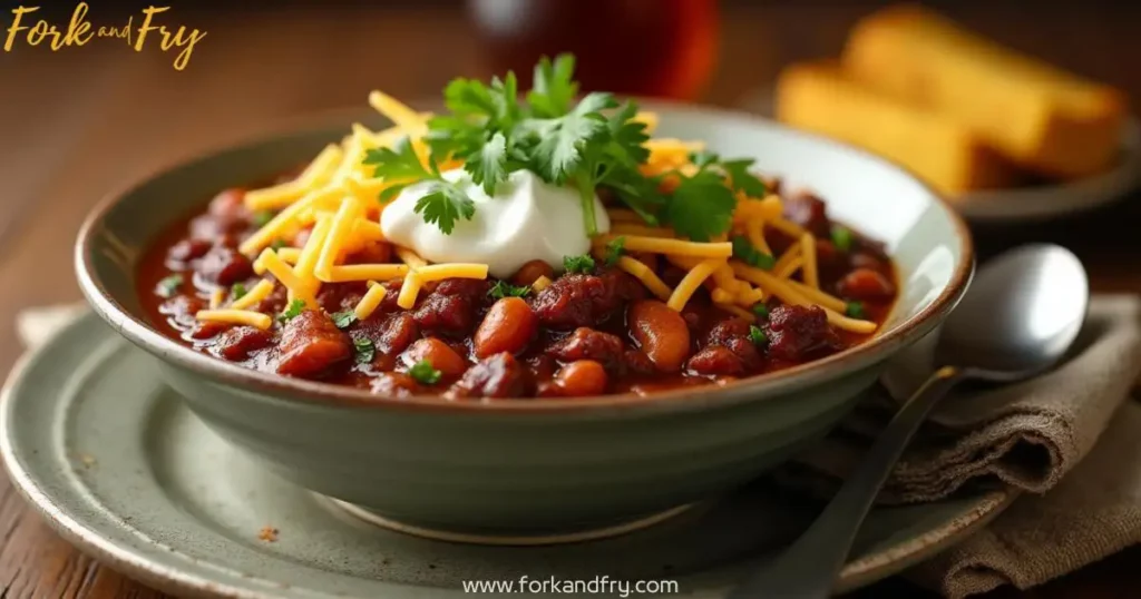 A hearty bowl of venison chili topped with shredded cheese, cilantro, onions, and sour cream, served with golden cornbread and a glass of red wine or beer in a rustic setting.