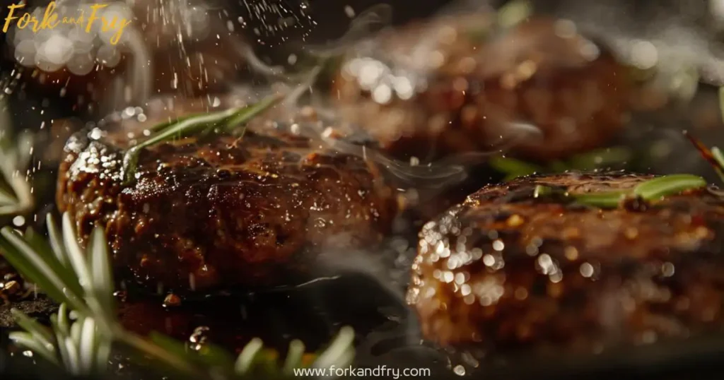Venison Hamburger Meat Sizzling in Cast Iron Skillet - Easy, Tasty Venison Burger Recipe Venison Hamburger Meat Recipes Venison hamburger meat sizzling on a cast-iron skillet with golden-brown patties surrounded by fresh herbs and spices, showcasing a hearty, rustic texture