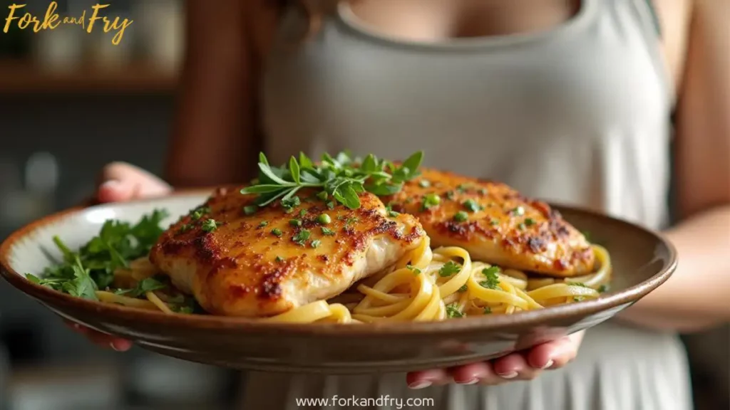 A woman in an apron holding a beautifully plated dish of baked bone-in chicken breasts, golden-brown and crispy, with roasted vegetables and mashed potatoes.