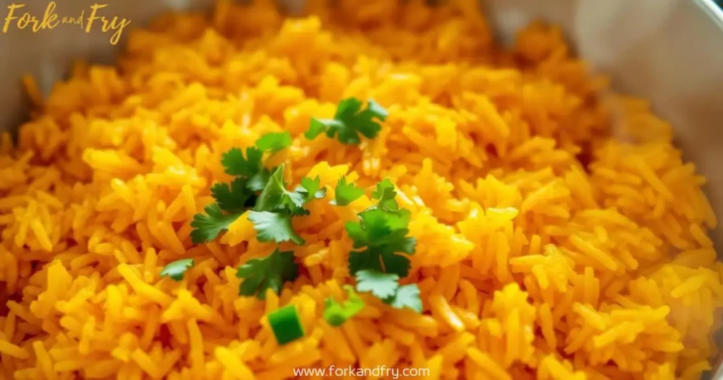 Golden turmeric rice with fresh cilantro, infused with fragrant spices, perfect for seafood.