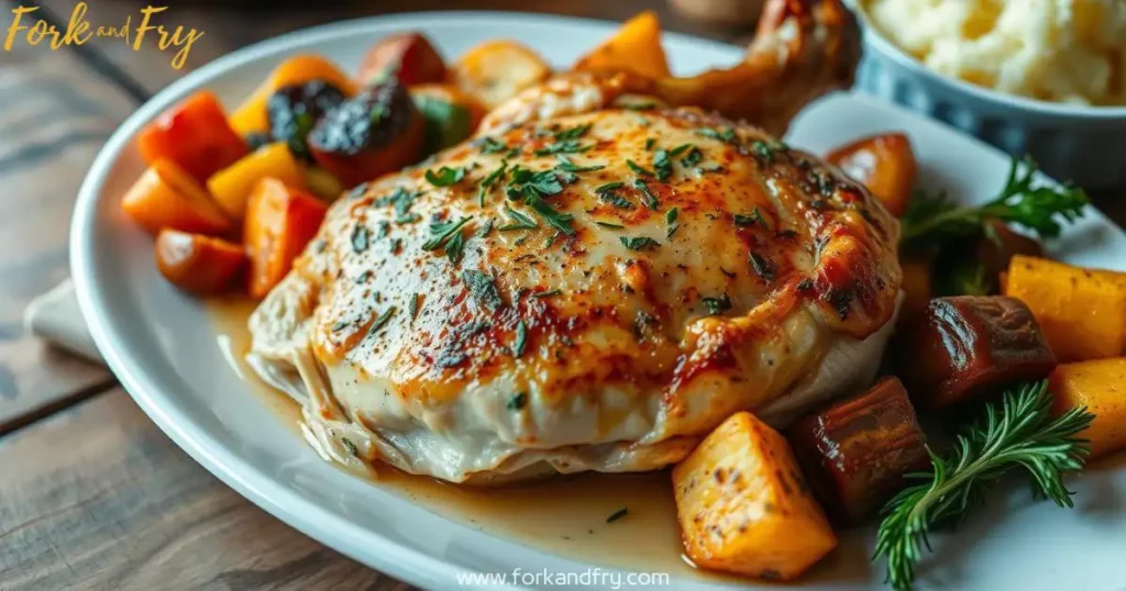 A beautifully plated baked bone-in chicken breast, garnished with fresh herbs, surrounded by roasted vegetables and a side of fluffy mashed potatoes, on a rustic wooden table.