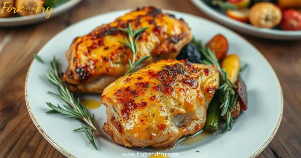 A beautifully arranged plate of baked bone-in chicken breasts, golden-brown and crispy, garnished with rosemary and thyme, served with roasted seasonal vegetables and olive oil.