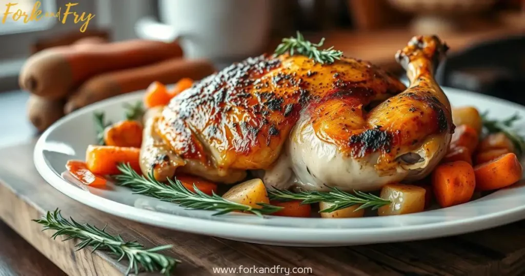 A beautifully baked bone-in chicken breast on a large plate, surrounded by fresh vegetables like carrots and potatoes, with rosemary sprigs on a rustic wooden cutting board.