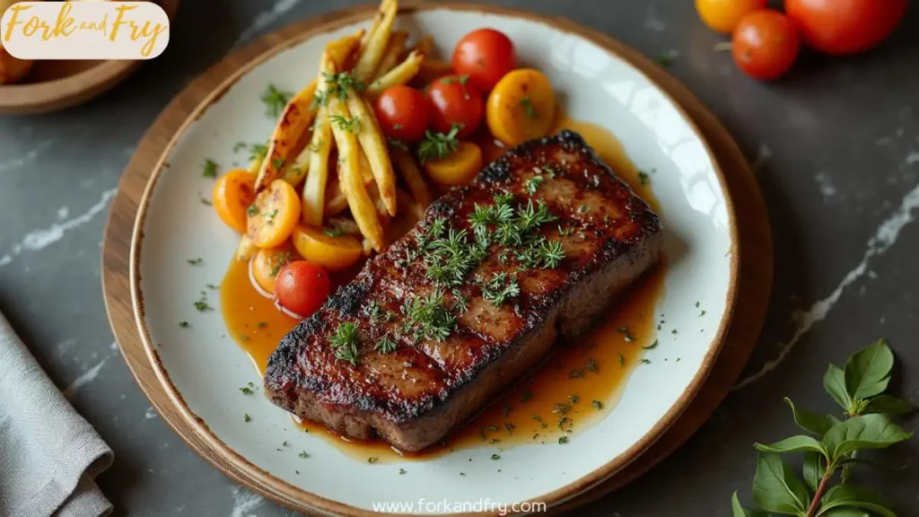 Top-down view of a perfectly seared beef flap meat steak with a caramelized crust, garnished with fresh herbs and served with roasted vegetables on a modern kitchen countertop.