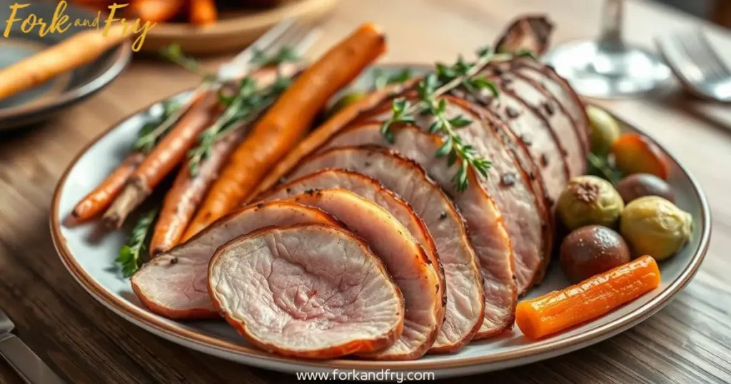 A beautifully arranged plate of sliced deer ham, garnished with fresh herbs, surrounded by roasted carrots and Brussels sprouts, set on a rustic wooden table with soft natural lighting.